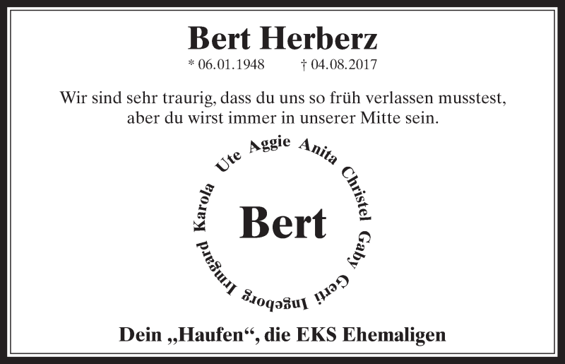  Traueranzeige für Bert Herberz vom 16.08.2017 aus  Werbepost 