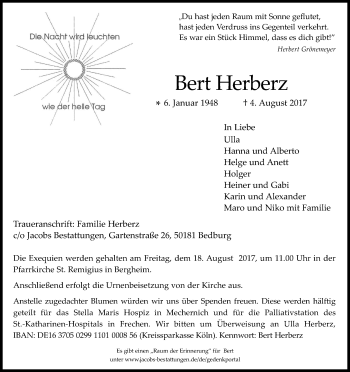 Anzeige von Bert Herberz von Kölner Stadt-Anzeiger / Kölnische Rundschau / Express