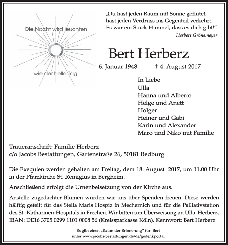  Traueranzeige für Bert Herberz vom 12.08.2017 aus  Sonntags-Post 