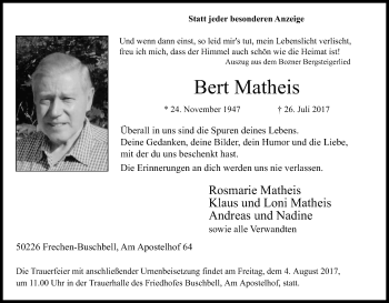 Anzeige von Bert Matheis von Kölner Stadt-Anzeiger / Kölnische Rundschau / Express