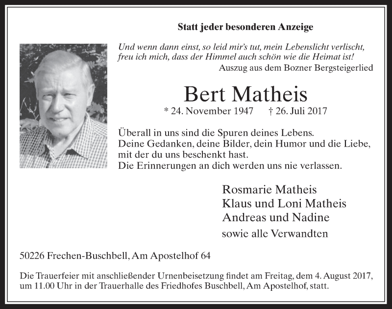  Traueranzeige für Bert Matheis vom 02.08.2017 aus  Wochenende 