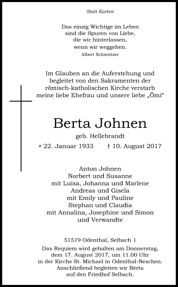 Anzeige von Berta Johnen von Kölner Stadt-Anzeiger / Kölnische Rundschau / Express