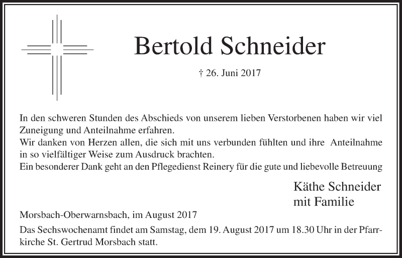  Traueranzeige für Bertold Schneider vom 16.08.2017 aus  Lokalanzeiger 