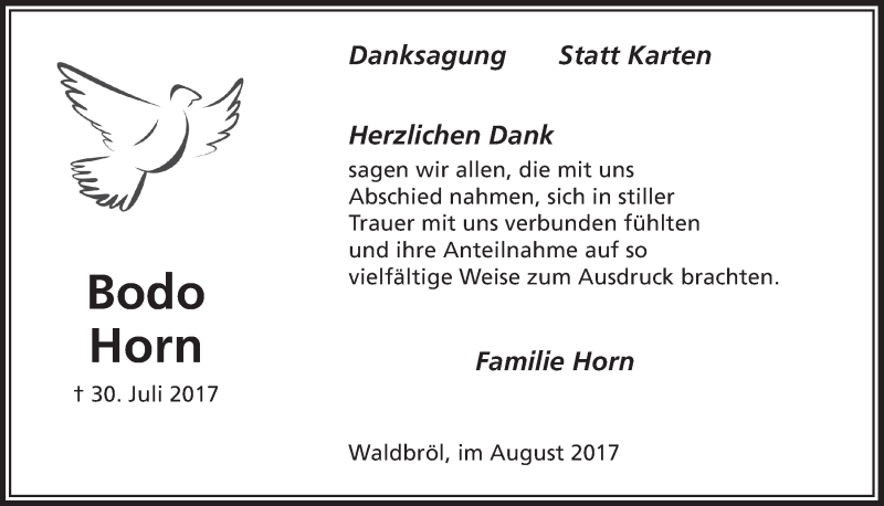  Traueranzeige für Bodo Horn vom 30.08.2017 aus  Lokalanzeiger 