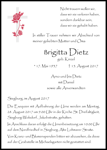 Anzeige von Brigitta Dietz von Kölner Stadt-Anzeiger / Kölnische Rundschau / Express
