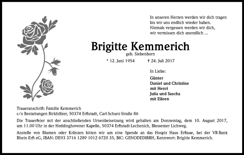  Traueranzeige für Brigitte Kemmerich vom 05.08.2017 aus Kölner Stadt-Anzeiger / Kölnische Rundschau / Express
