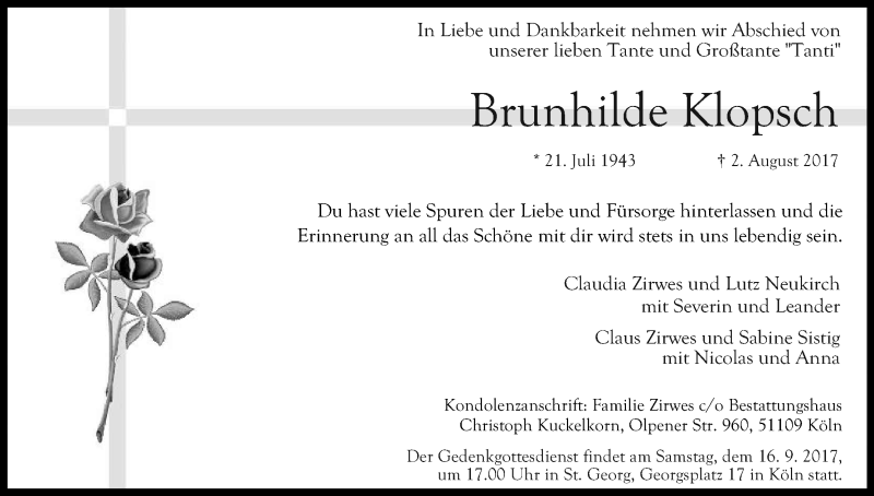  Traueranzeige für Brunhilde Klopsch vom 26.08.2017 aus Kölner Stadt-Anzeiger / Kölnische Rundschau / Express