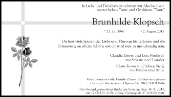Anzeige von Brunhilde Klopsch von Kölner Stadt-Anzeiger / Kölnische Rundschau / Express