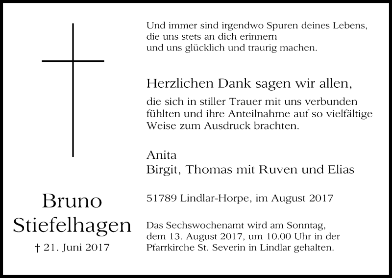  Traueranzeige für Bruno Stiefelhagen vom 05.08.2017 aus Kölner Stadt-Anzeiger / Kölnische Rundschau / Express