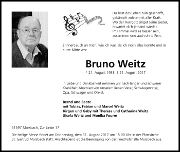 Anzeige von Bruno Weitz von Kölner Stadt-Anzeiger / Kölnische Rundschau / Express