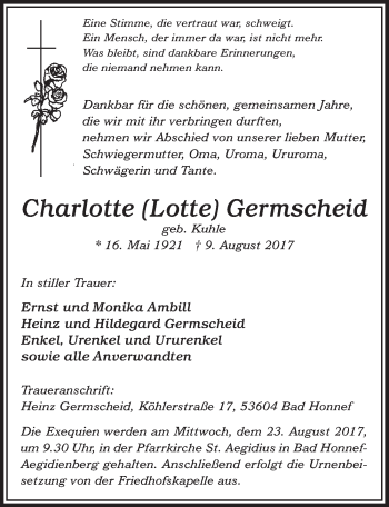 Anzeige von Charlotte Germscheid von  Extra Blatt 
