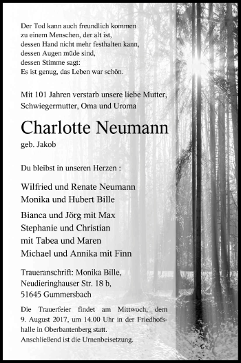 Anzeige von Charlotte Neumann von Kölner Stadt-Anzeiger / Kölnische Rundschau / Express