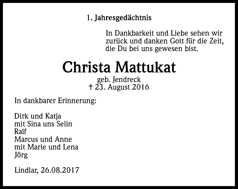  Traueranzeige für Christa Mattukat vom 26.08.2017 aus Kölner Stadt-Anzeiger / Kölnische Rundschau / Express