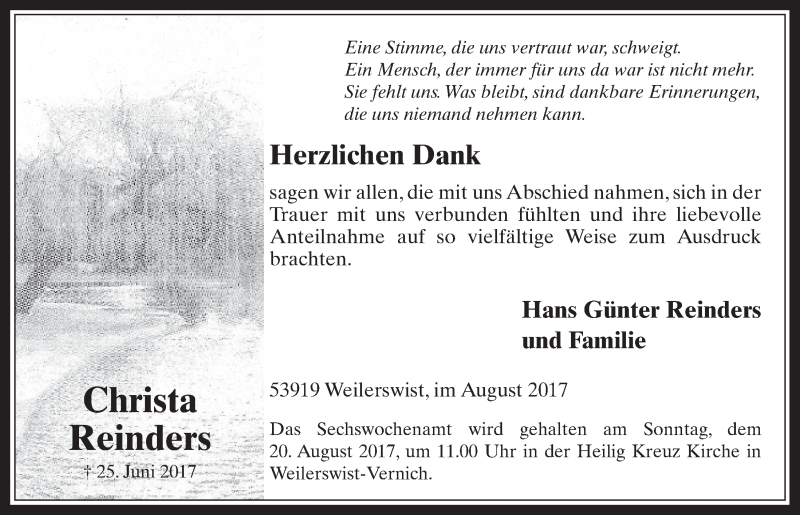  Traueranzeige für Christa Reinders vom 16.08.2017 aus  Schlossbote/Werbekurier 