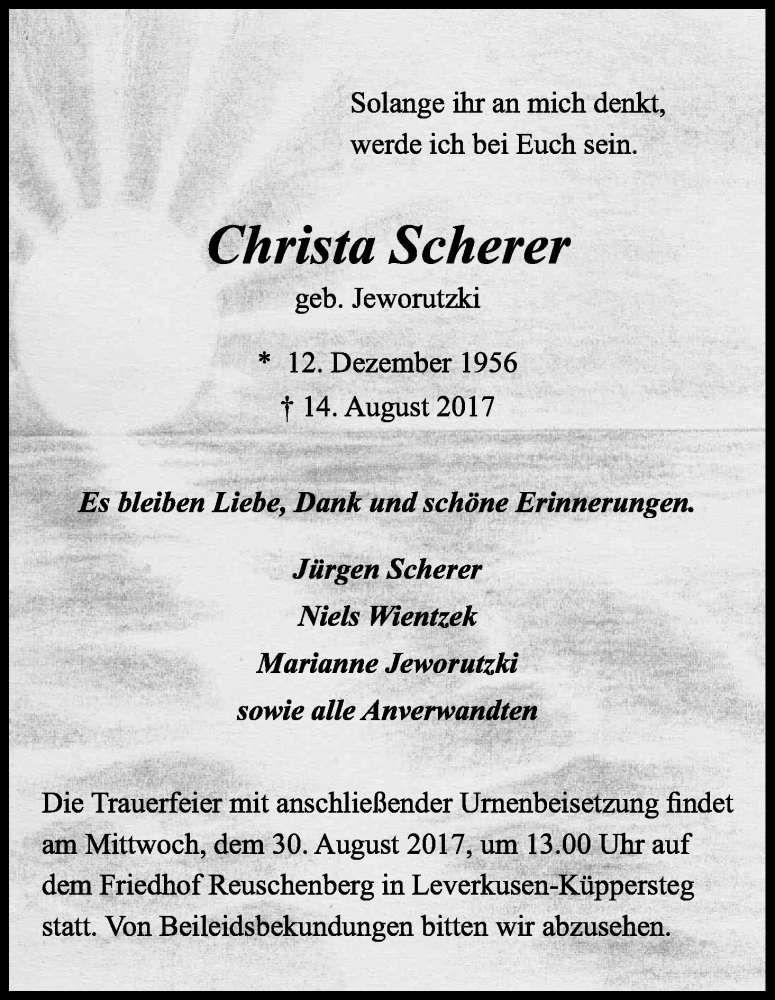  Traueranzeige für Christa Scherer vom 24.08.2017 aus Kölner Stadt-Anzeiger / Kölnische Rundschau / Express
