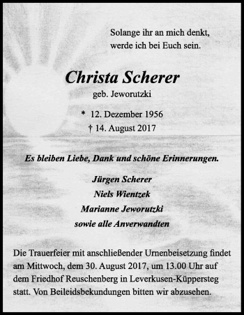 Anzeige von Christa Scherer von Kölner Stadt-Anzeiger / Kölnische Rundschau / Express