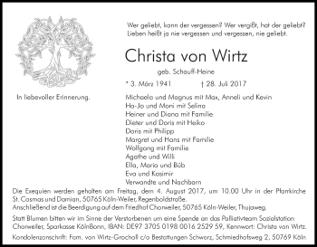 Anzeige von Christa von Wirtz von Kölner Stadt-Anzeiger / Kölnische Rundschau / Express