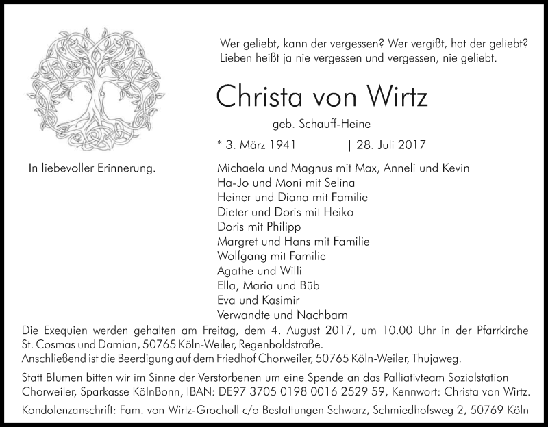  Traueranzeige für Christa von Wirtz vom 02.08.2017 aus Kölner Stadt-Anzeiger / Kölnische Rundschau / Express