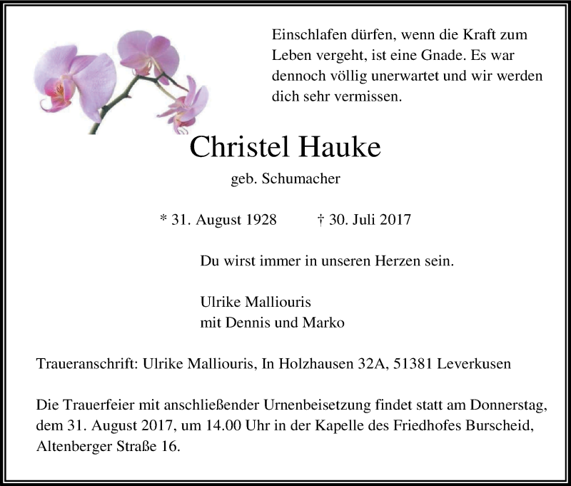  Traueranzeige für Christel Hauke vom 12.08.2017 aus Kölner Stadt-Anzeiger / Kölnische Rundschau / Express