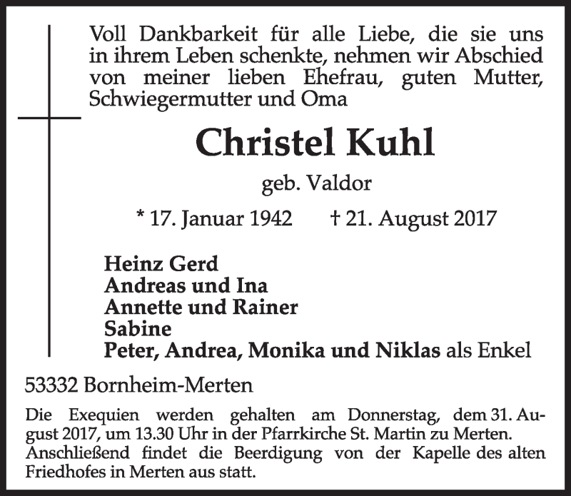 Traueranzeige für Christel Kuhl vom 30.08.2017 aus  Schlossbote/Werbekurier 