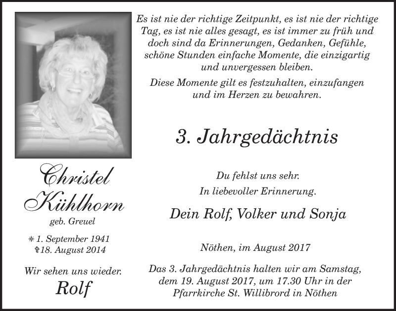  Traueranzeige für Christel Kühlhorn vom 12.08.2017 aus  Blickpunkt Euskirchen 