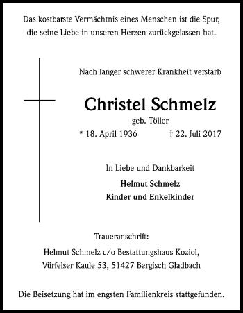 Anzeige von Christel Schmelz von Kölner Stadt-Anzeiger / Kölnische Rundschau / Express