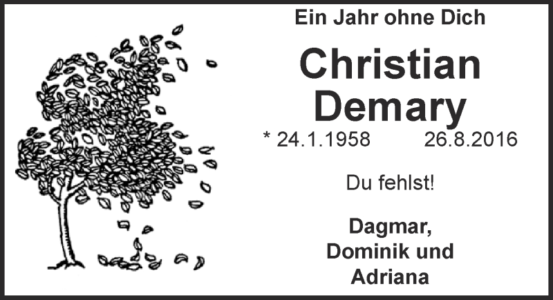  Traueranzeige für Christian Demary vom 26.08.2017 aus  Blickpunkt Euskirchen 
