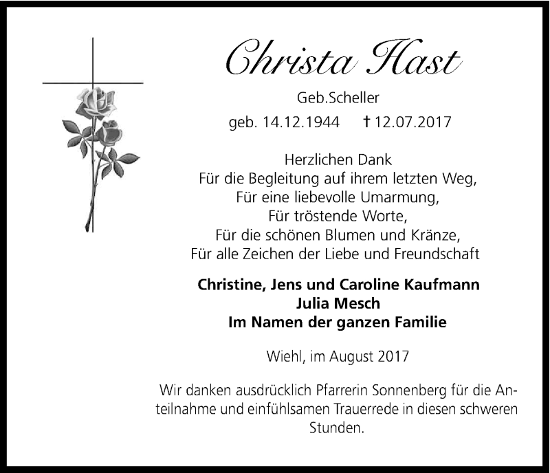  Traueranzeige für Christa Hast vom 12.08.2017 aus Kölner Stadt-Anzeiger / Kölnische Rundschau / Express