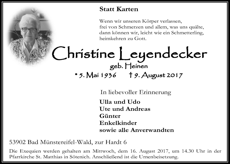  Traueranzeige für Christine Leyendecker vom 12.08.2017 aus  Blickpunkt Euskirchen 