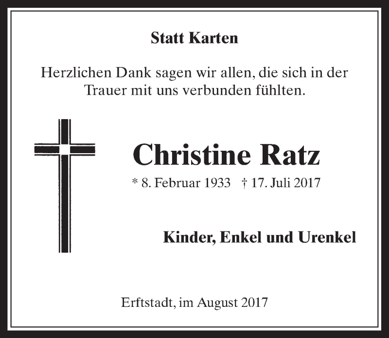  Traueranzeige für Christine Ratz vom 23.08.2017 aus  Werbepost 