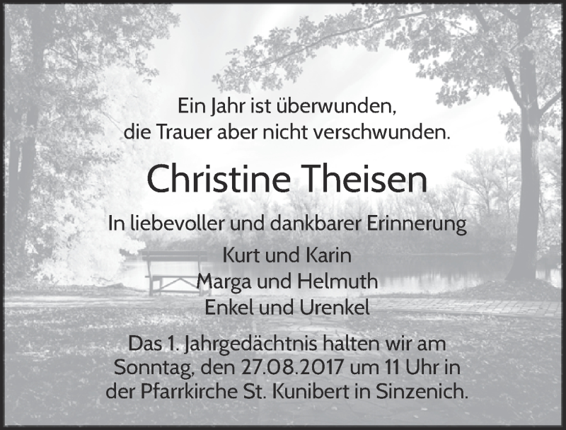  Traueranzeige für Christine Theisen vom 19.08.2017 aus  Blickpunkt Euskirchen 