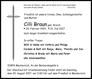 Anzeige von Cilli Braun von Kölner Stadt-Anzeiger / Kölnische Rundschau / Express