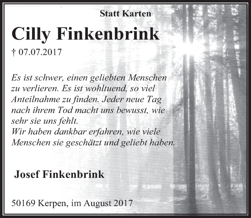  Traueranzeige für Cilly Finkenbrink vom 12.08.2017 aus  Sonntags-Post 