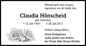 Anzeige von Claudia Hönscheid von Kölner Stadt-Anzeiger / Kölnische Rundschau / Express
