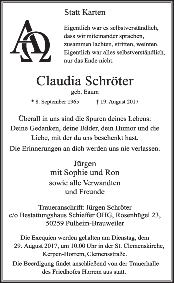 Anzeige von Claudia Schröter von  Sonntags-Post 