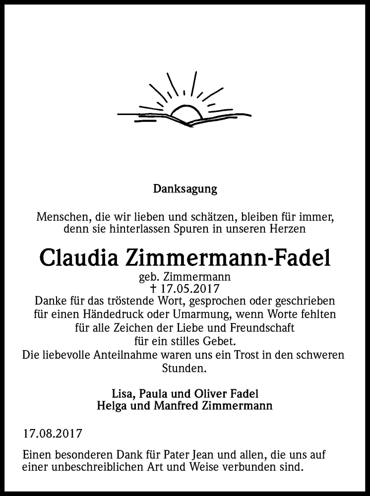  Traueranzeige für Claudia Zimmermann-Fadel vom 17.08.2017 aus Kölner Stadt-Anzeiger / Kölnische Rundschau / Express