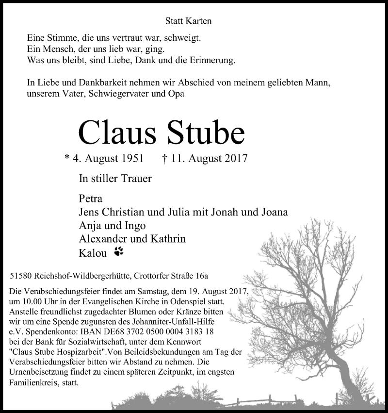  Traueranzeige für Claus Stube vom 16.08.2017 aus Kölner Stadt-Anzeiger / Kölnische Rundschau / Express