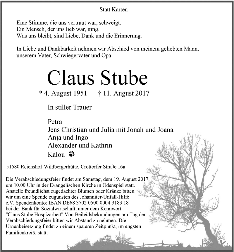  Traueranzeige für Claus Stube vom 16.08.2017 aus  Lokalanzeiger 