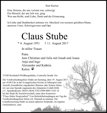 Anzeige von Claus Stube von Kölner Stadt-Anzeiger / Kölnische Rundschau / Express
