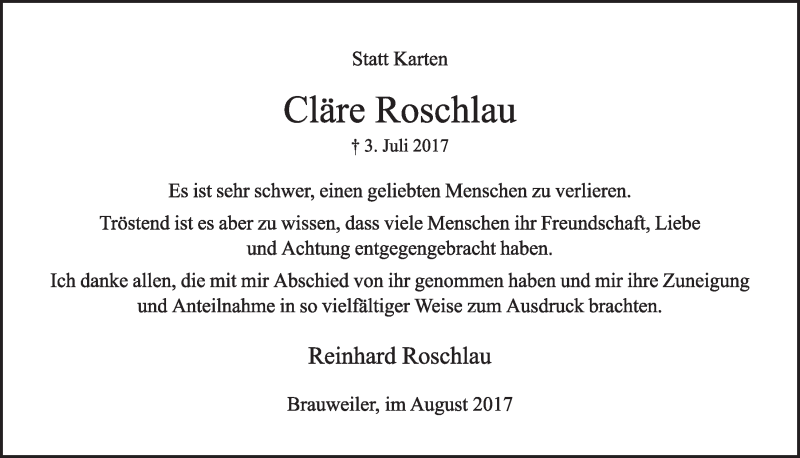  Traueranzeige für Cläre Roschlau vom 19.08.2017 aus  Sonntags-Post 