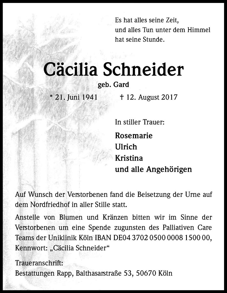  Traueranzeige für Cäcilia Schneider vom 26.08.2017 aus Kölner Stadt-Anzeiger / Kölnische Rundschau / Express