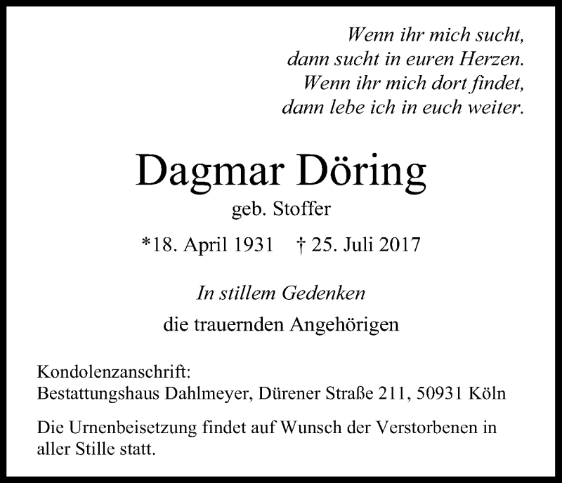  Traueranzeige für Dagmar Döring vom 19.08.2017 aus Kölner Stadt-Anzeiger / Kölnische Rundschau / Express