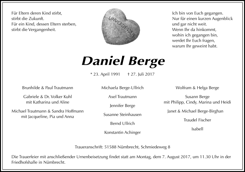  Traueranzeige für Daniel Berge vom 05.08.2017 aus Kölner Stadt-Anzeiger / Kölnische Rundschau / Express