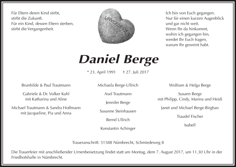  Traueranzeige für Daniel Berge vom 02.08.2017 aus  Anzeigen Echo  Lokalanzeiger 