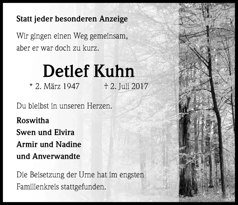  Traueranzeige für Detlef Kuhn vom 04.08.2017 aus Kölner Stadt-Anzeiger / Kölnische Rundschau / Express