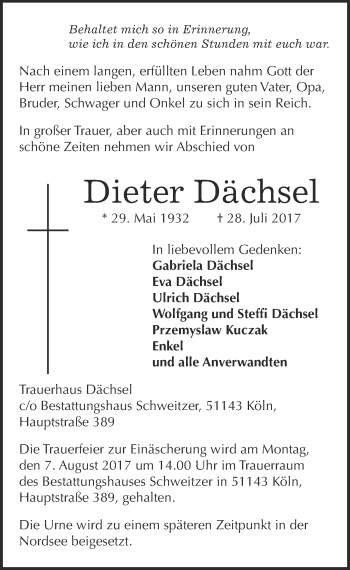 Anzeige von Dieter Dächsel von  Kölner Wochenspiegel 