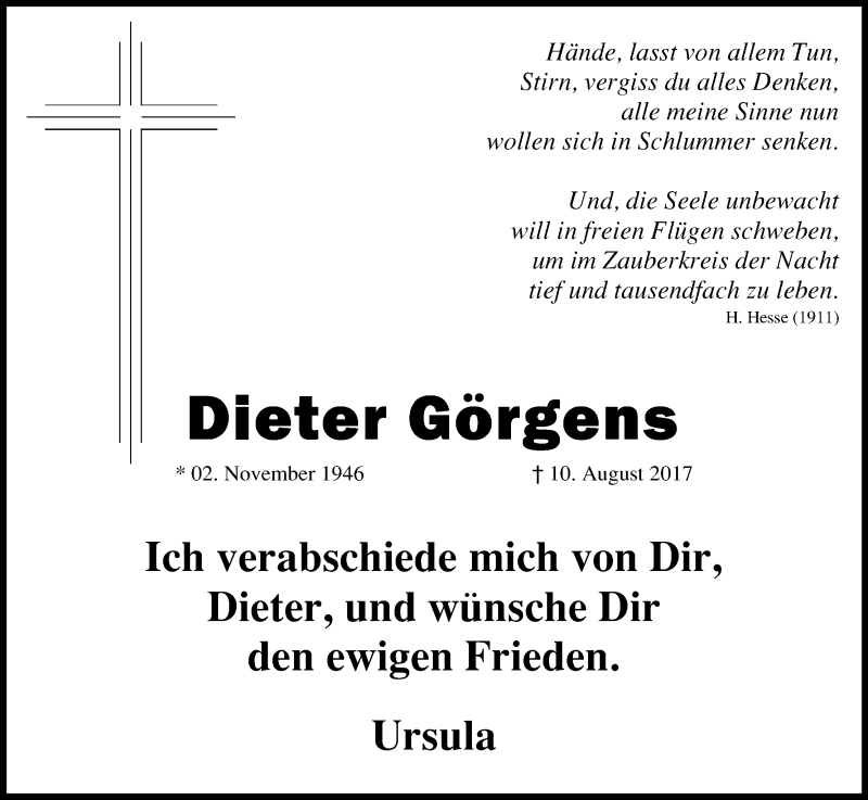  Traueranzeige für Dieter Görgens vom 19.08.2017 aus Kölner Stadt-Anzeiger / Kölnische Rundschau / Express