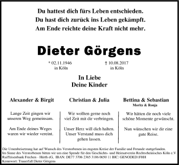 Anzeige von Dieter Görgens von Kölner Stadt-Anzeiger / Kölnische Rundschau / Express