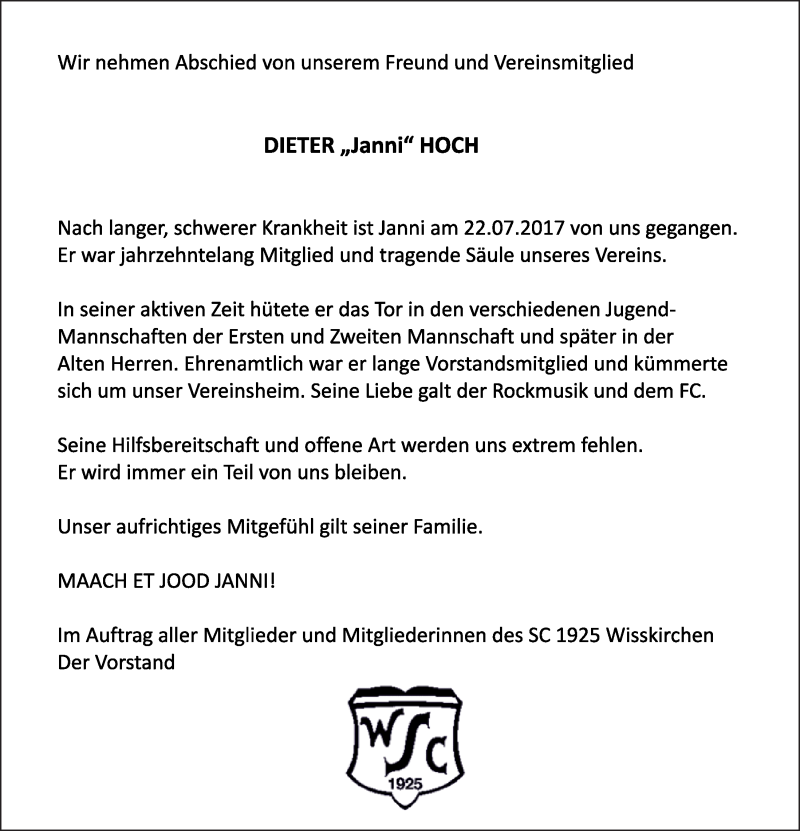  Traueranzeige für Dieter Hoch vom 05.08.2017 aus  Blickpunkt Euskirchen 