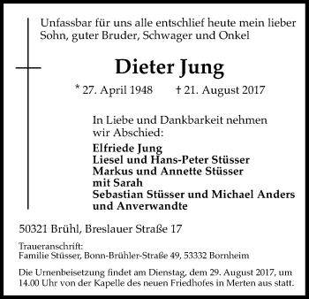 Anzeige von Dieter Jung von Kölner Stadt-Anzeiger / Kölnische Rundschau / Express